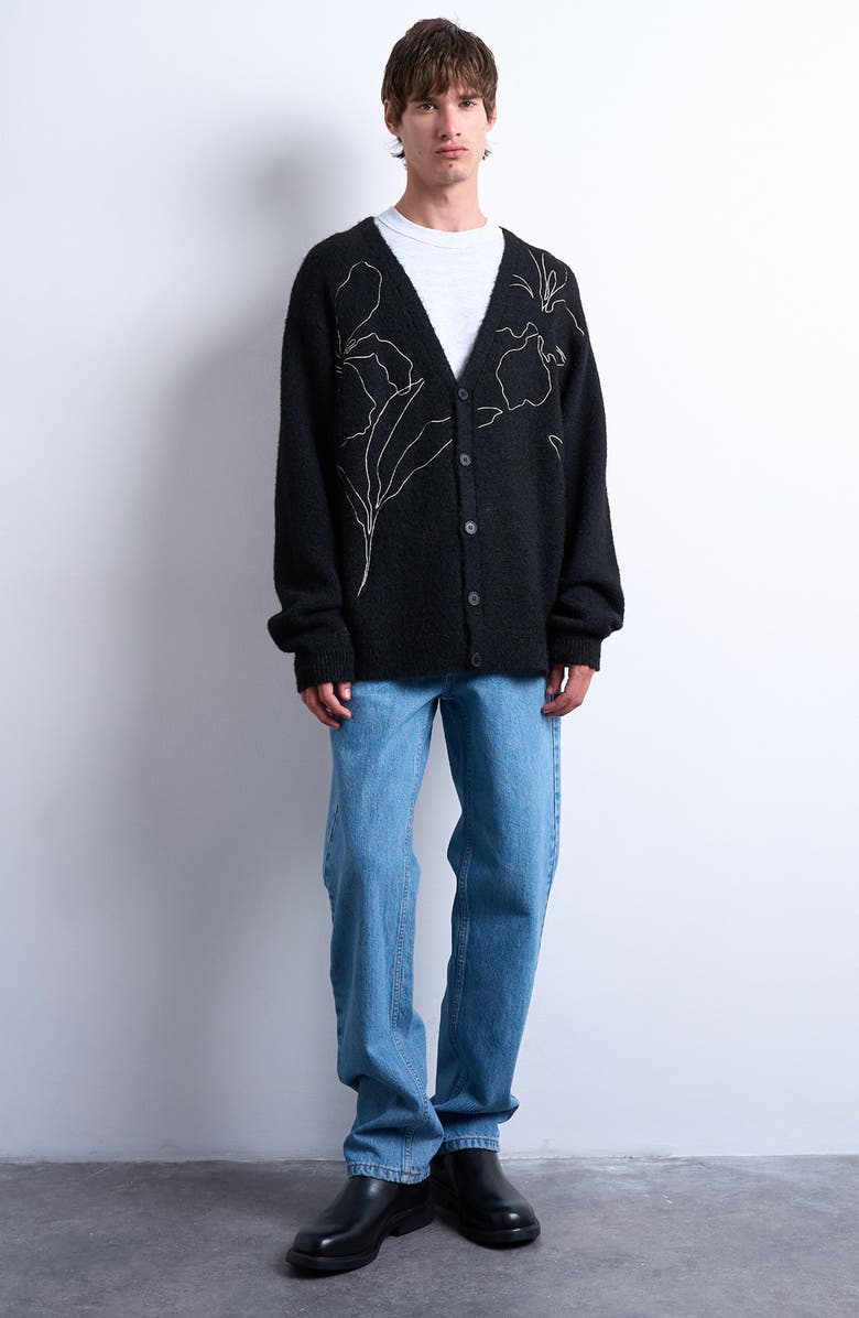 Topman Floral Embroidered V-Neck Cardigan, Alternate, color, Black