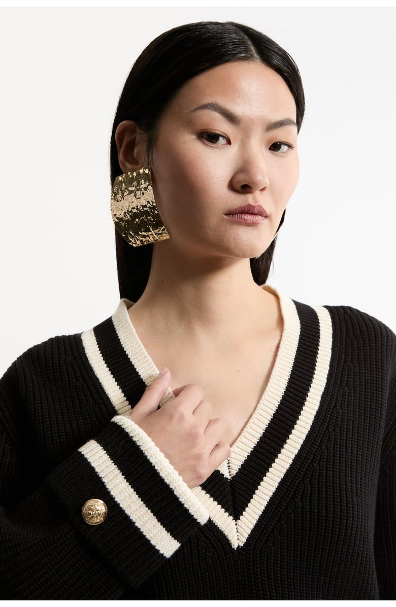 Karen Millen Cotton V-Neck Knit Boxy Jumper, Alternate, color, Black