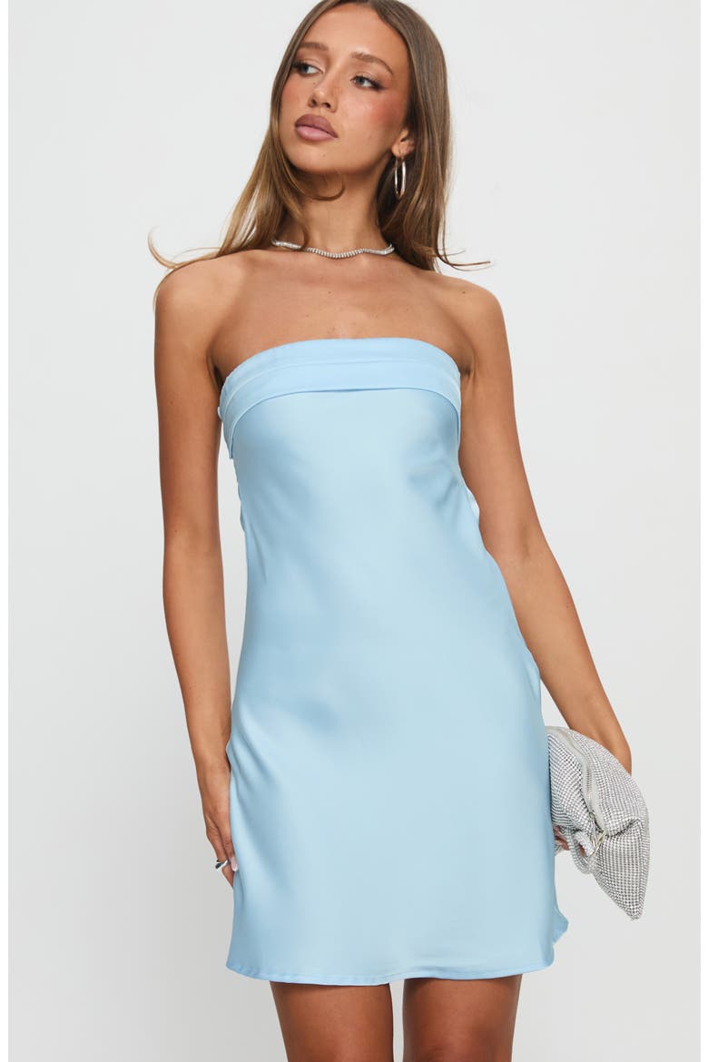 Phillipa Foldover Strapless Satin Minidress, Alternate, color, LIGHT BLUE
