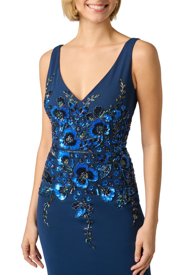 Beaded Crepe Column Gown, Alternate, color, LIGHT NAVY