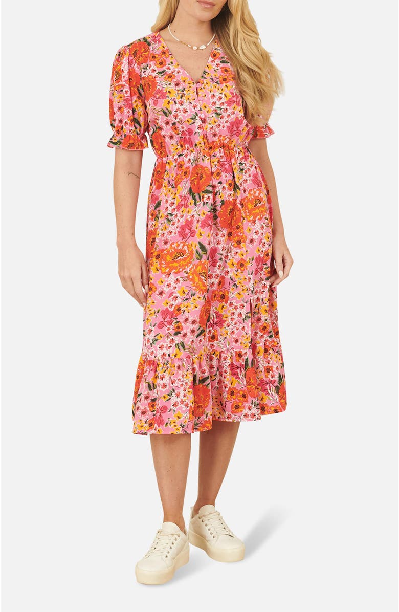 Yumi Short Sleeve V-Neck Printed Midi Dress, Alternate, color, Pink