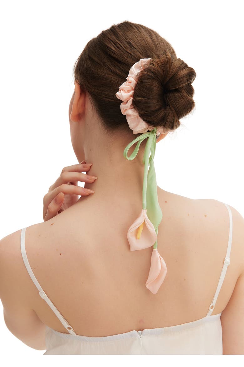 Calla Lily Silk Hair Tie Scrunchie, Alternate, color, Pink and Green
