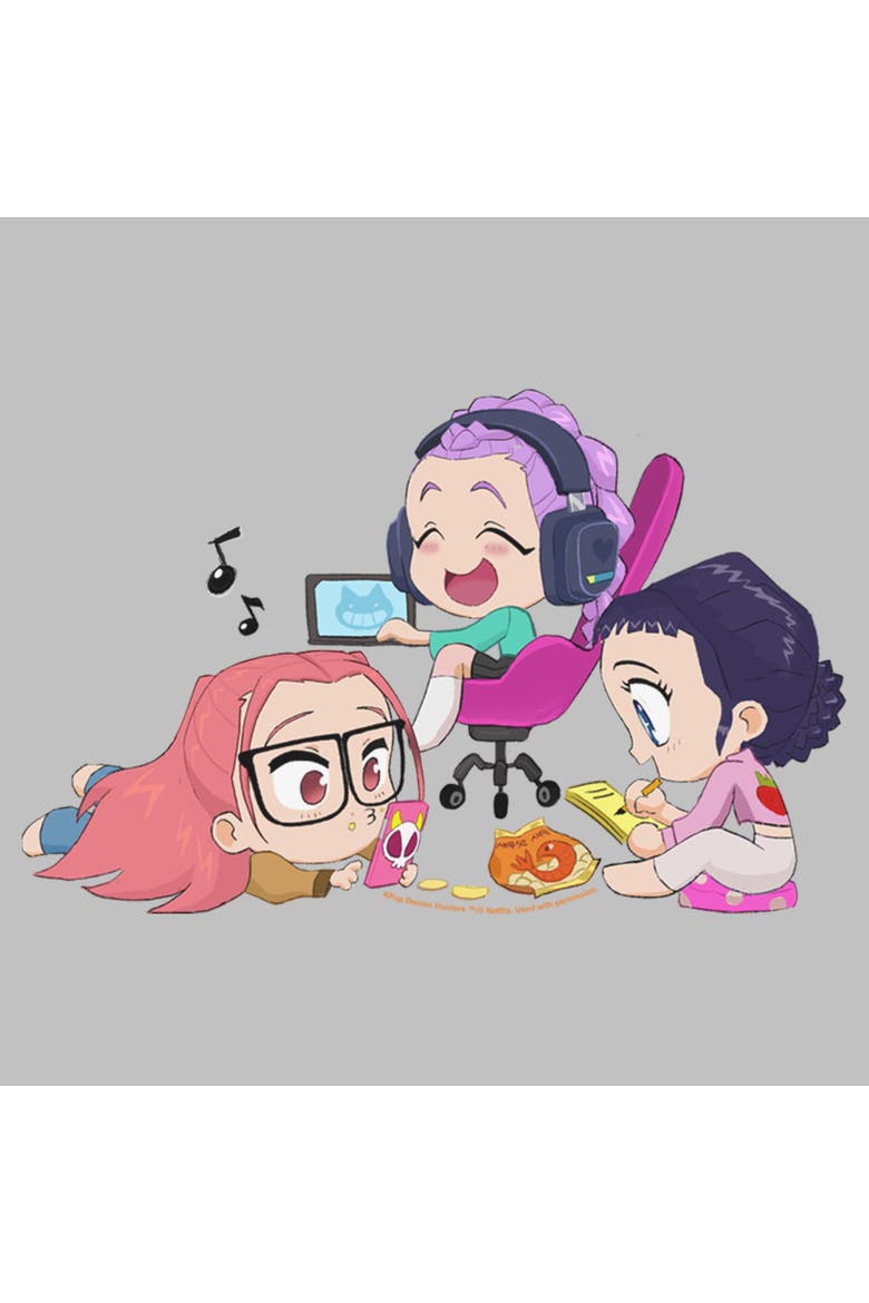 Women's KPop Demon Hunters Chibi Girls Playing  Graphic T-Shirt, Alternate, color, Athletic Heather