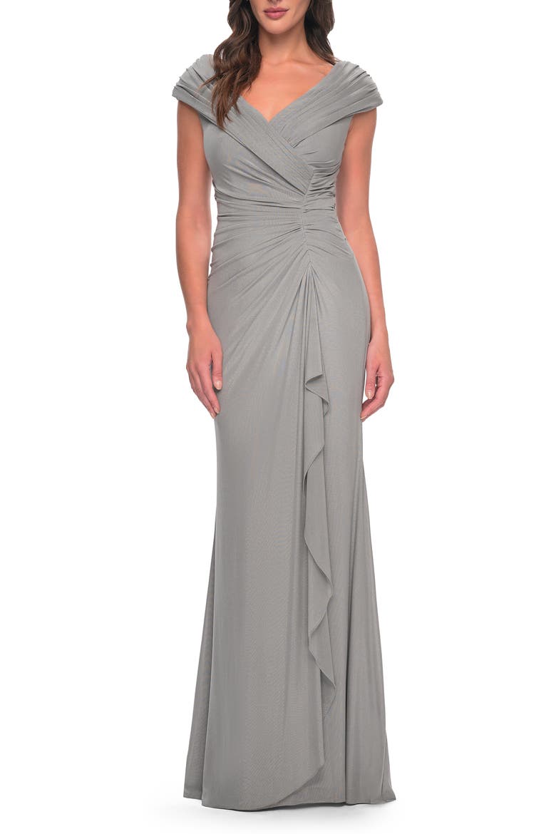 Elegant Net Jersey Long Gown with Ruching, Main, color, Silver