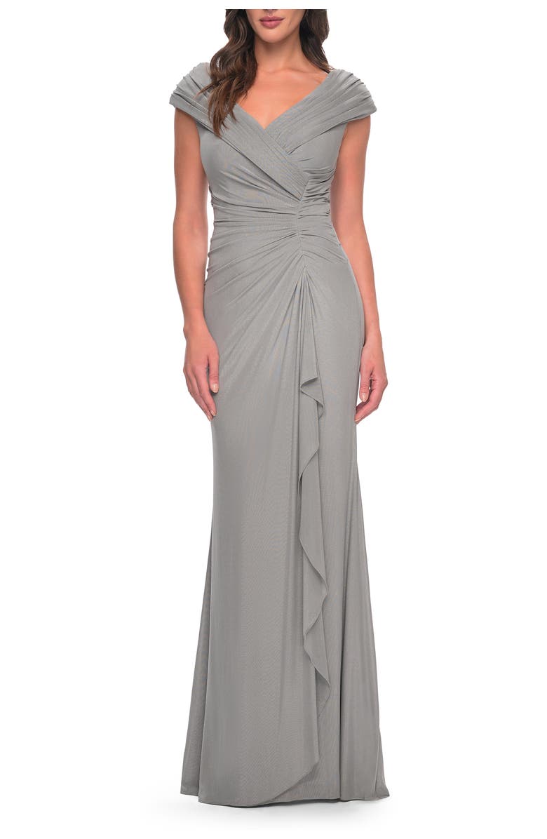 La Femme Elegant Net Jersey Long Gown with Ruching, Main, color, Silver