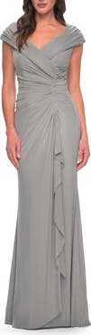 La Femme Elegant Net Jersey Long Gown with Ruching