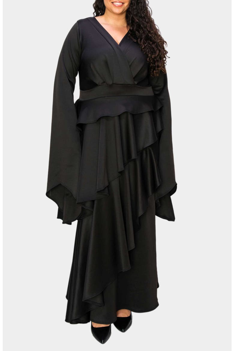 Zeta Ruffled Long Sleeve Drama Dress, Alternate, color, BLACK