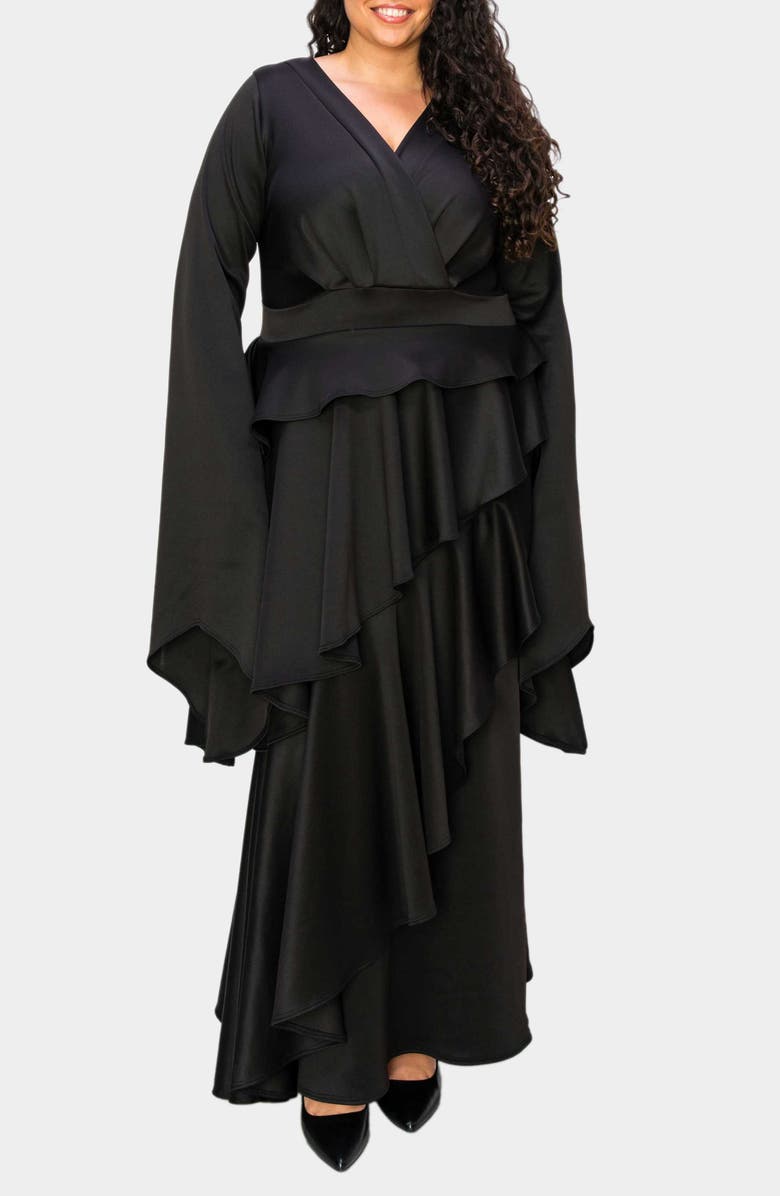L I V D Zeta Ruffled Long Sleeve Drama Dress, Alternate, color, Black