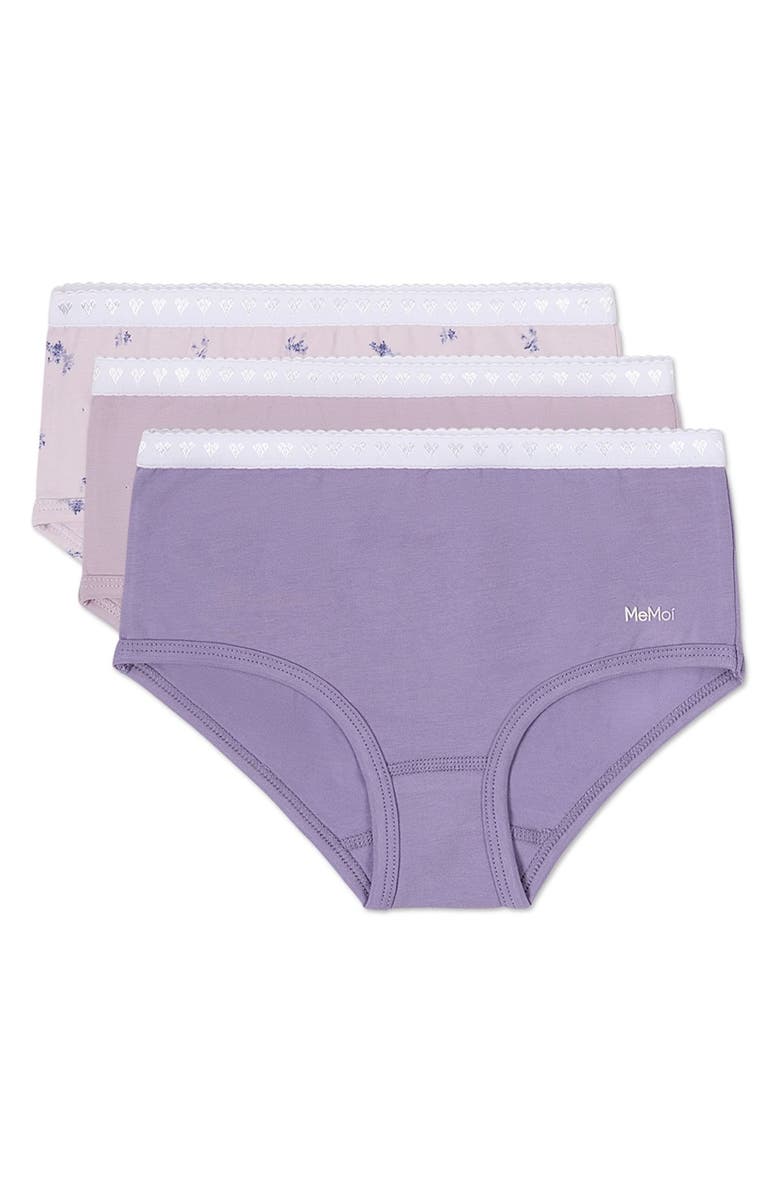 MeMoi Girls' 3 Pair Pack Lovely Lavender Floral Briefs, Main, color, Purple Multi