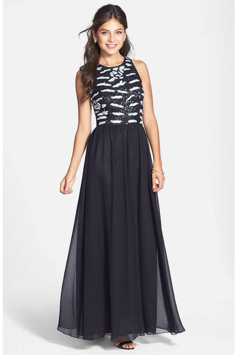 Sequin Bodice Chiffon Gown, Main, color, BLACK/ WHITE