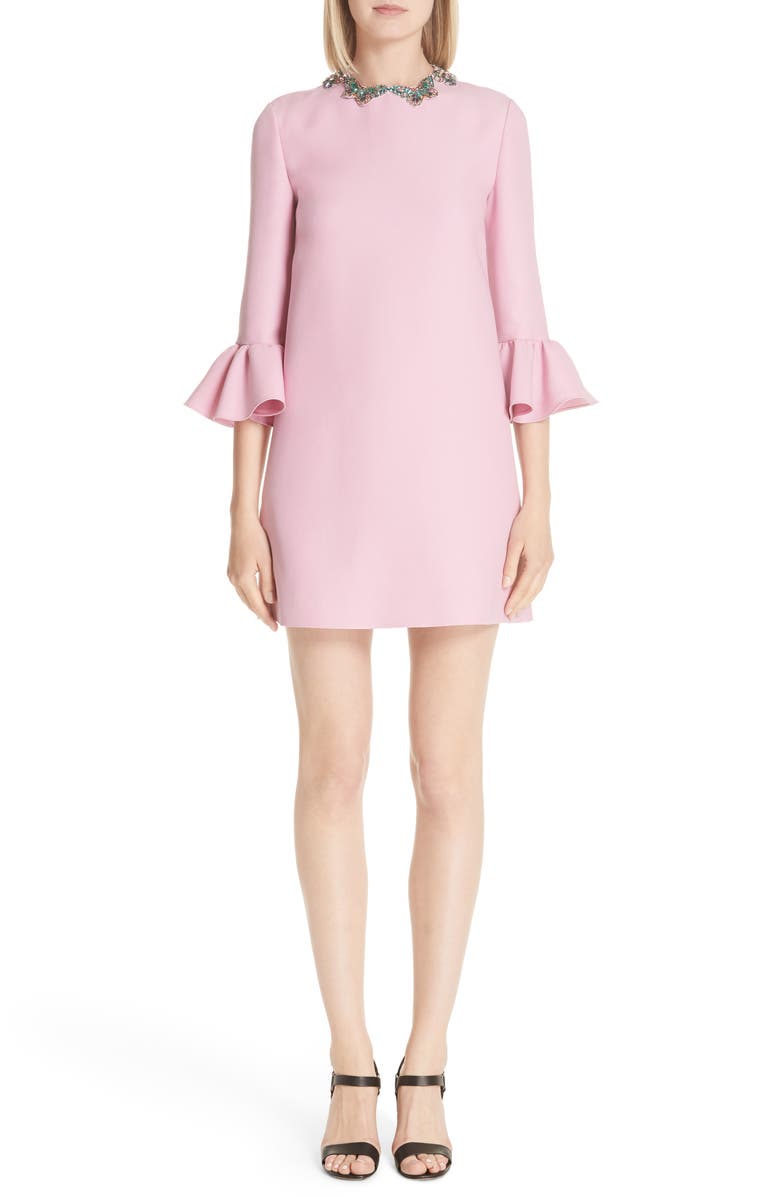 Valentino Embellished Butterfly Neck Wool & Silk Shift Dress, Main, color,