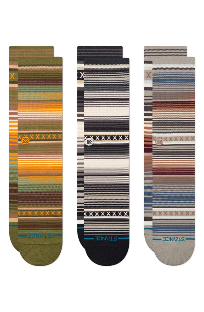 Stance Assorted 3-Pack Curren Mismatched Stripe Crew Socks, Main, color, Green
