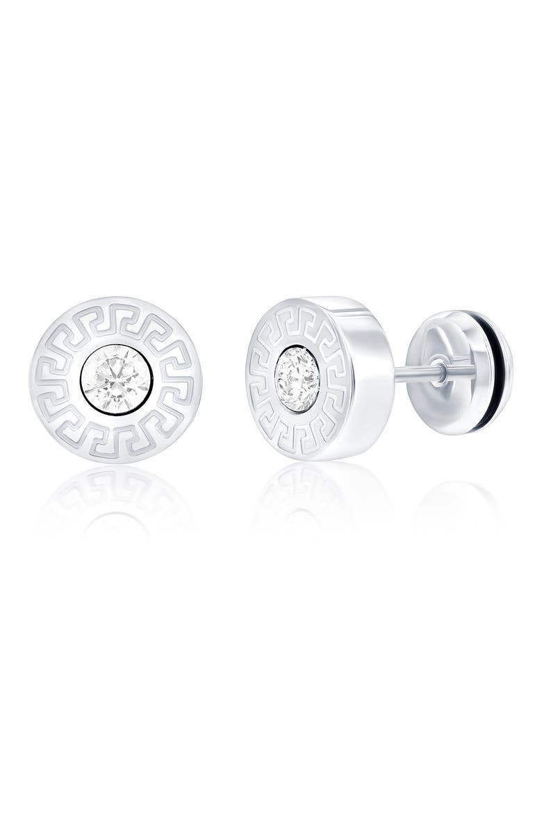 Men's Cubic Zirconia Greek Key Round Stud Earrings, Main, color, SILVER
