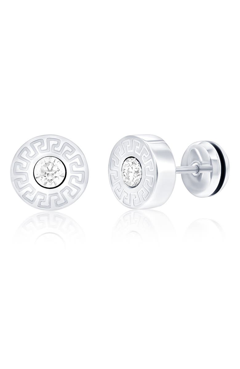 BLACKJACK Men's Cubic Zirconia Greek Key Round Stud Earrings, Main, color, Silver
