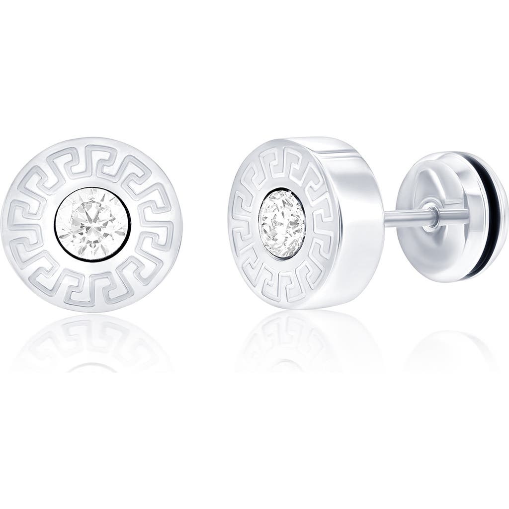 Blackjack Cubic Zirconia Greek Key Round Stud Earrings In Silver