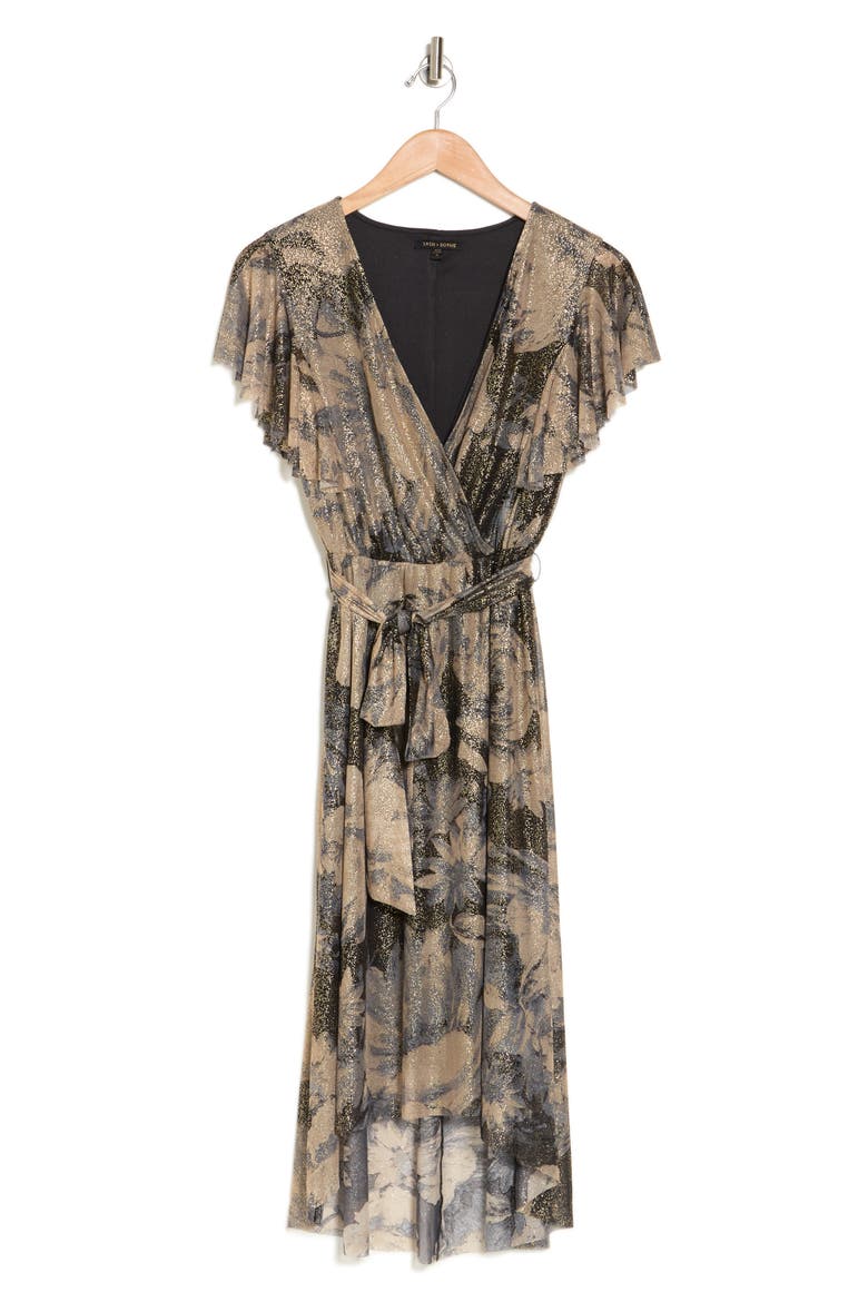 Winter Garden Metallic Flutter Sleeve Midi Dress, Alternate, color, GREEN MULTI