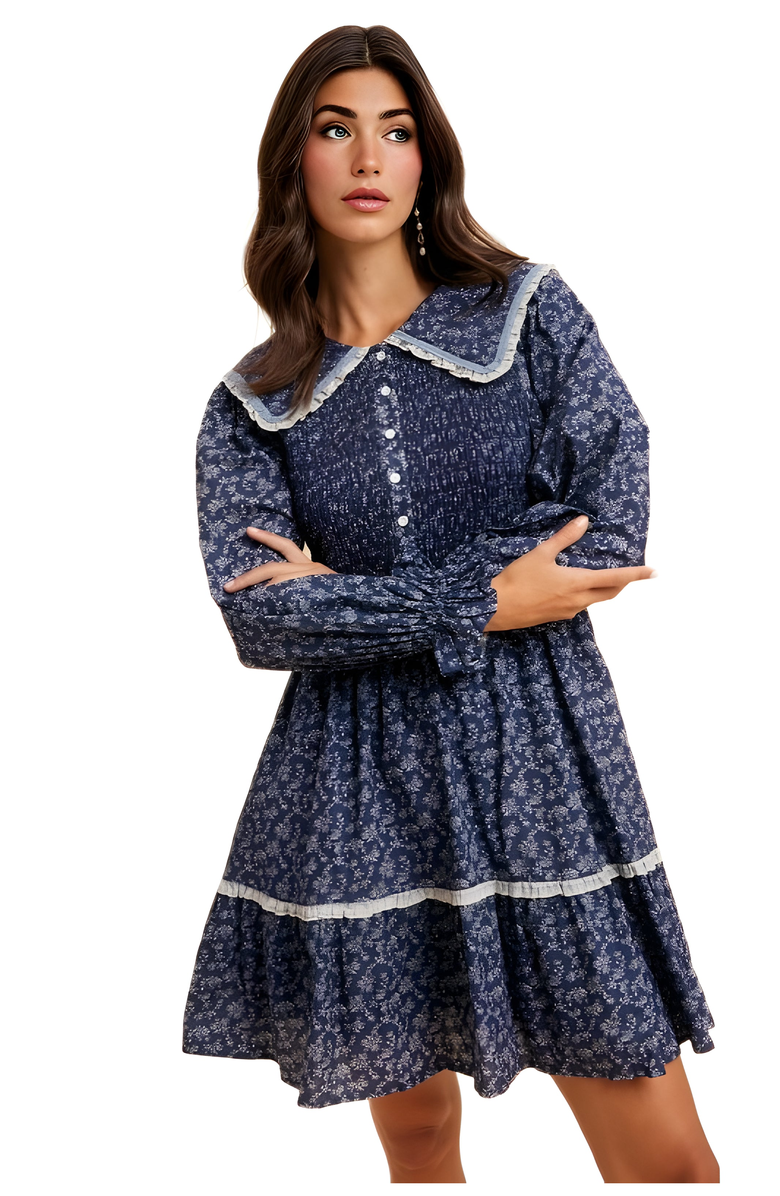 Knit and Lounge Floral Shirred Contrast Collar Mini Dress, Alternate, color, 