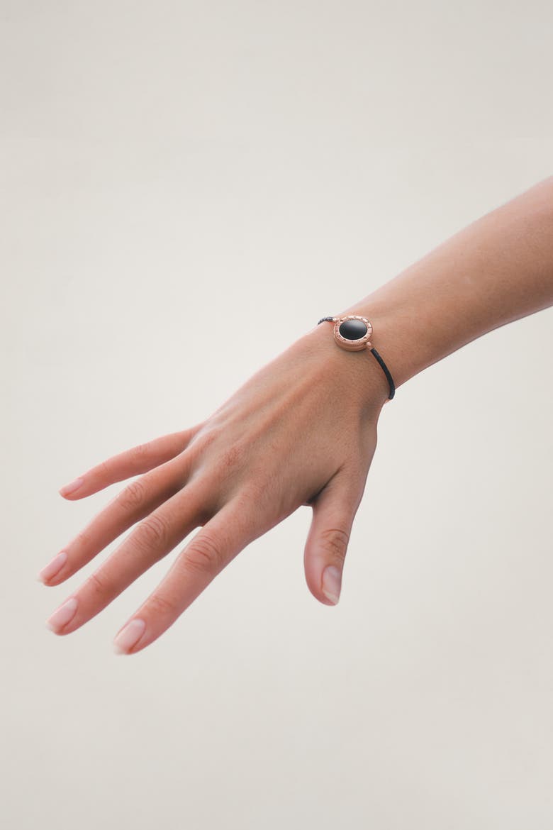 Rose Gold Plated Leather Strap With Black Enamel Luxury Safety Bracelet, Alternate, color, Rose Gold
