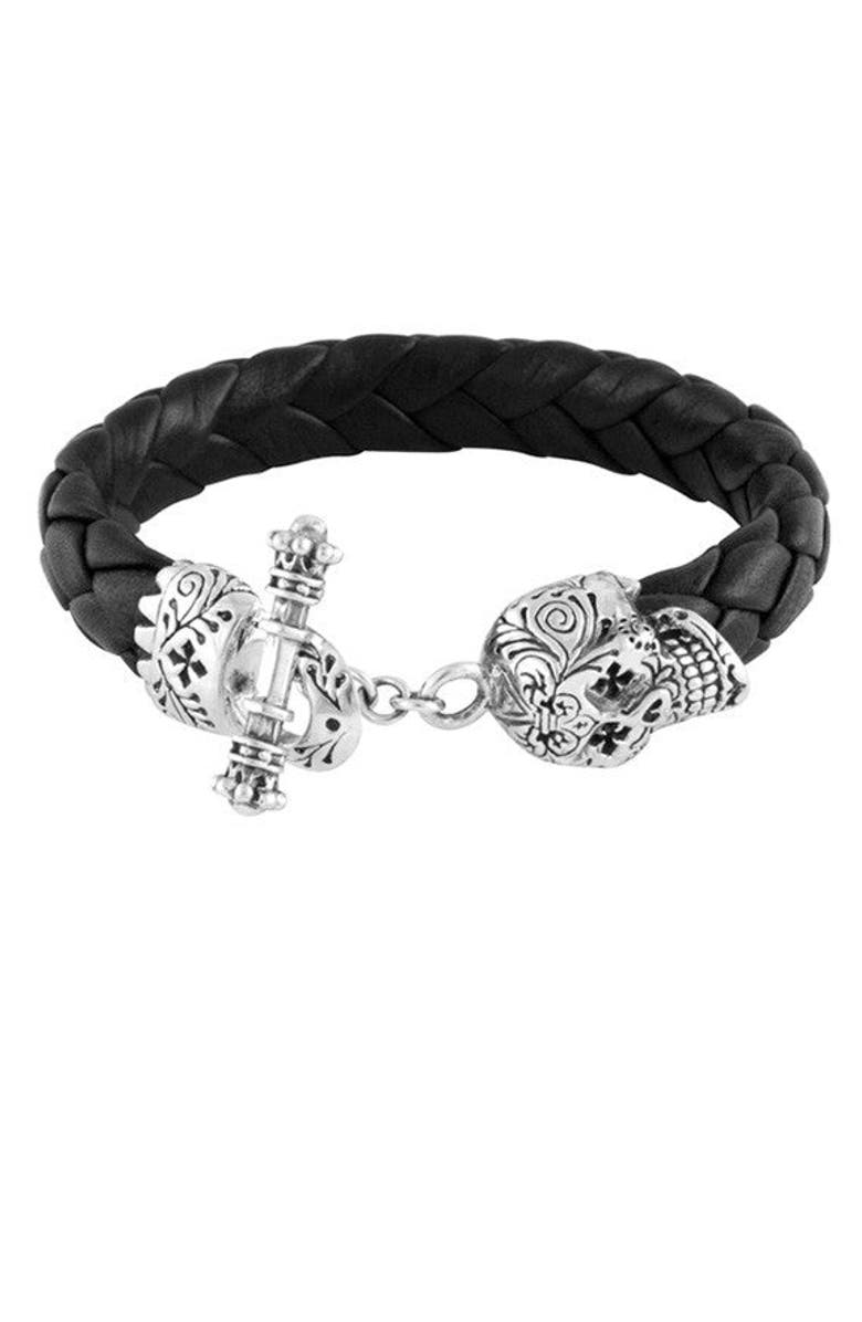 King Baby Studio Leather Braid Bracelet with Day of the Dead Skull, Main, color, Silver