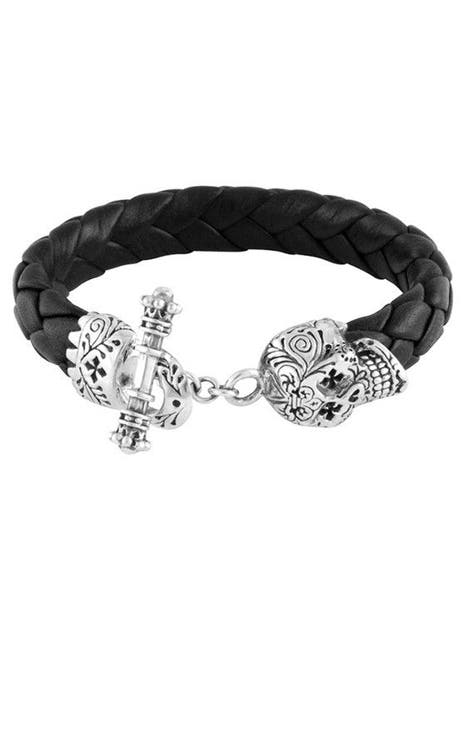 Leather Braid Bracelet with Day of the Dead Skull