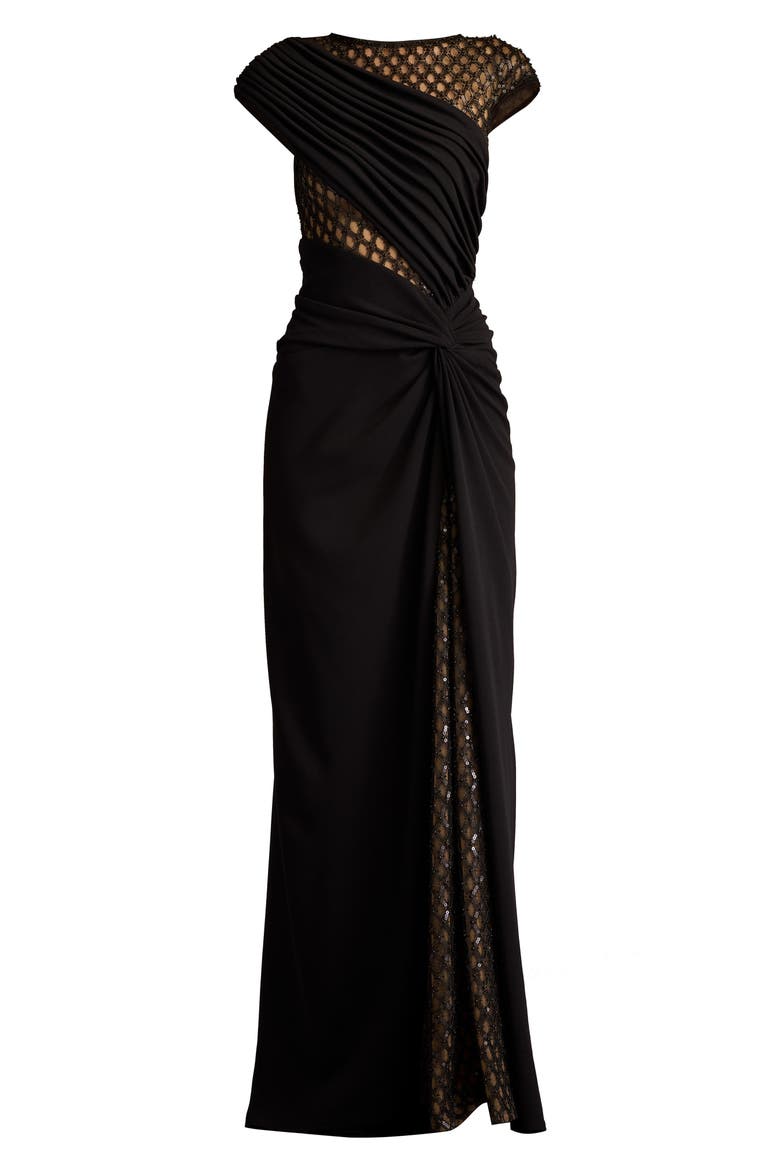 Mixed Media Cap Sleeve Crepe Gown, Alternate, color, BLACK