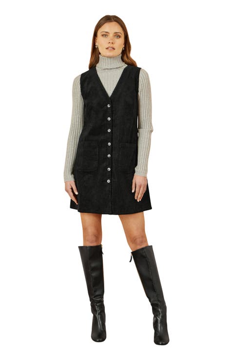 V-Neck Cord Pinafore Dress