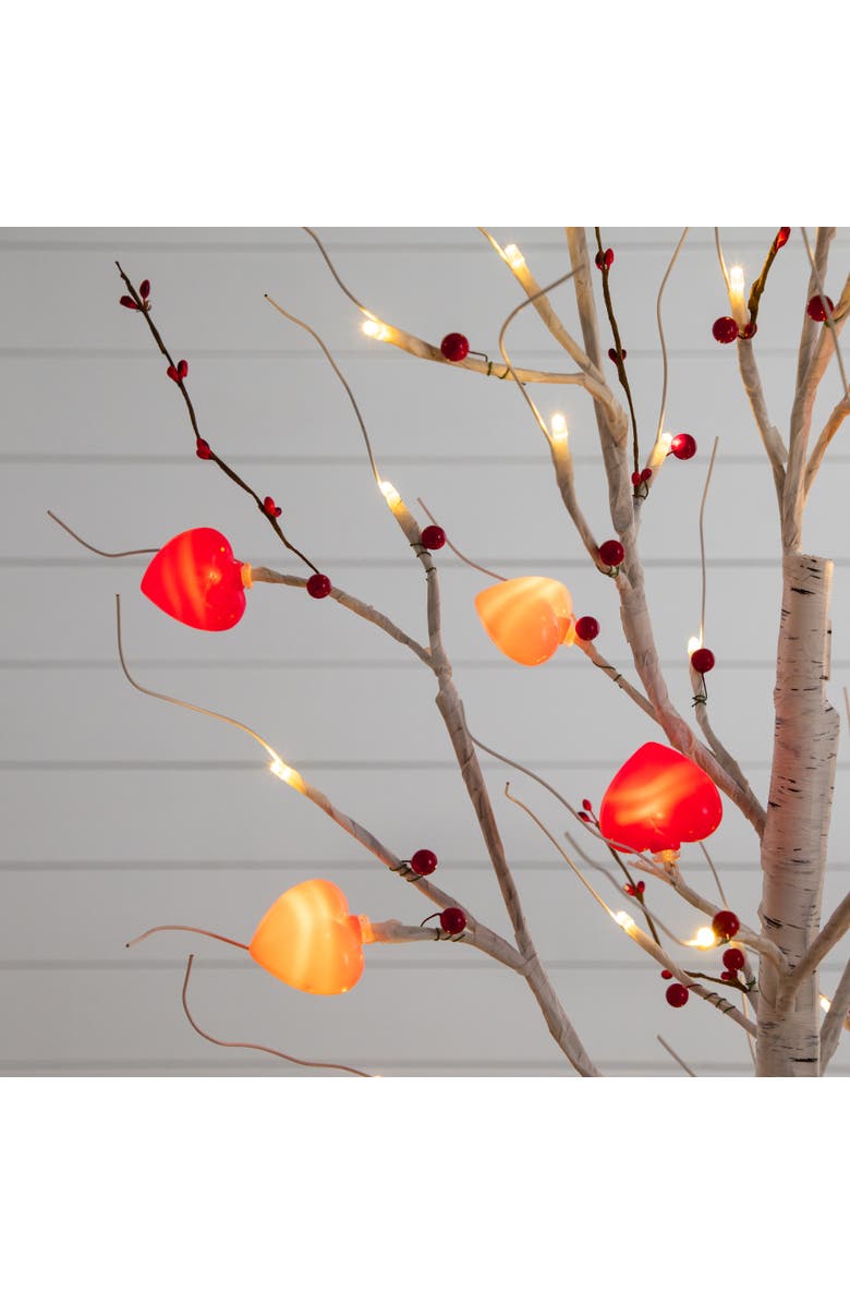 NEARLY NATURAL 5-ft Pre-Lit Artificial Valentine's Day Twig Tree with 72 Heart Shaped LED Lights and Red Berries, Alternate, color, White