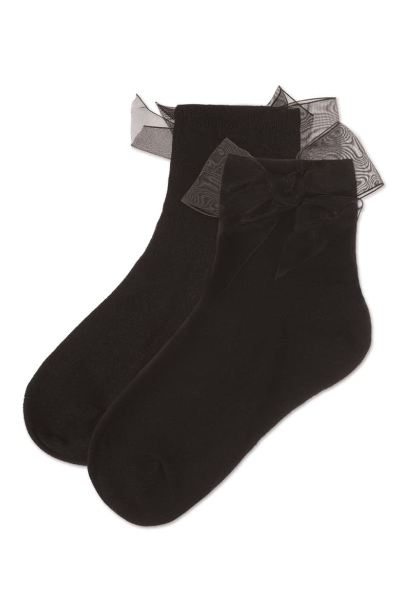MeMoi Girls Tulle-Bow-Trimmed Mercerized Cotton-Rich Ankle Sock, Alternate, color, Black