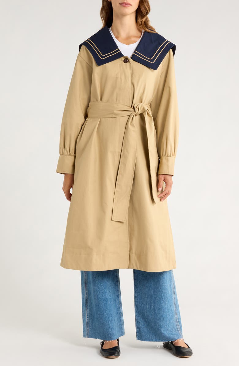 Damson Madder Ella Organic Cotton Trench Coat, Main, color, Navy/ Tan