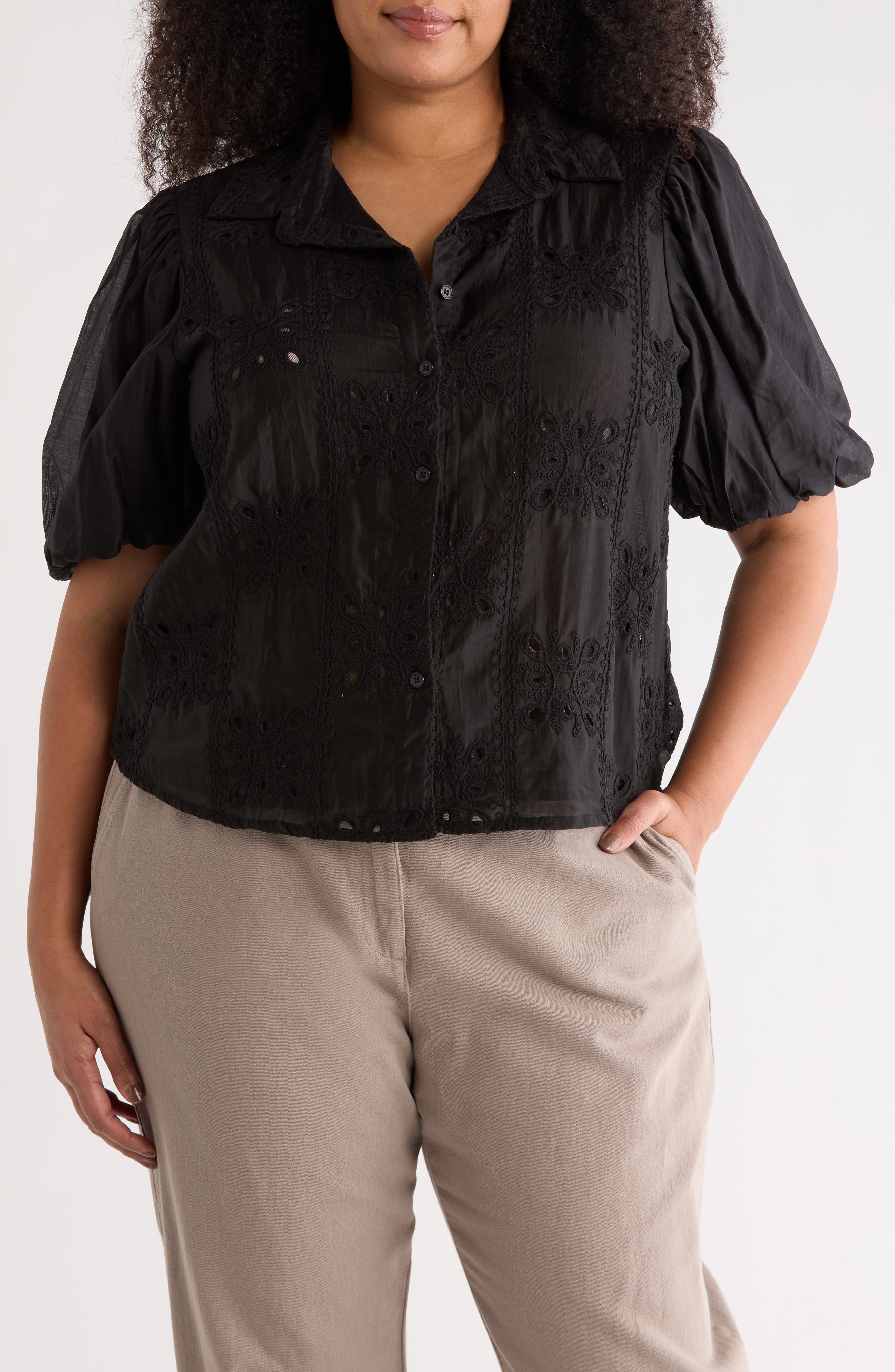 Forgotten Grace Eyelet Puff Sleeve Button-Up Shirt