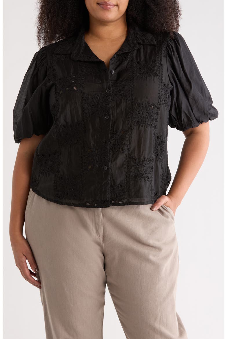 Eyelet Puff Sleeve Button-Up Shirt, Main, color, BLACK