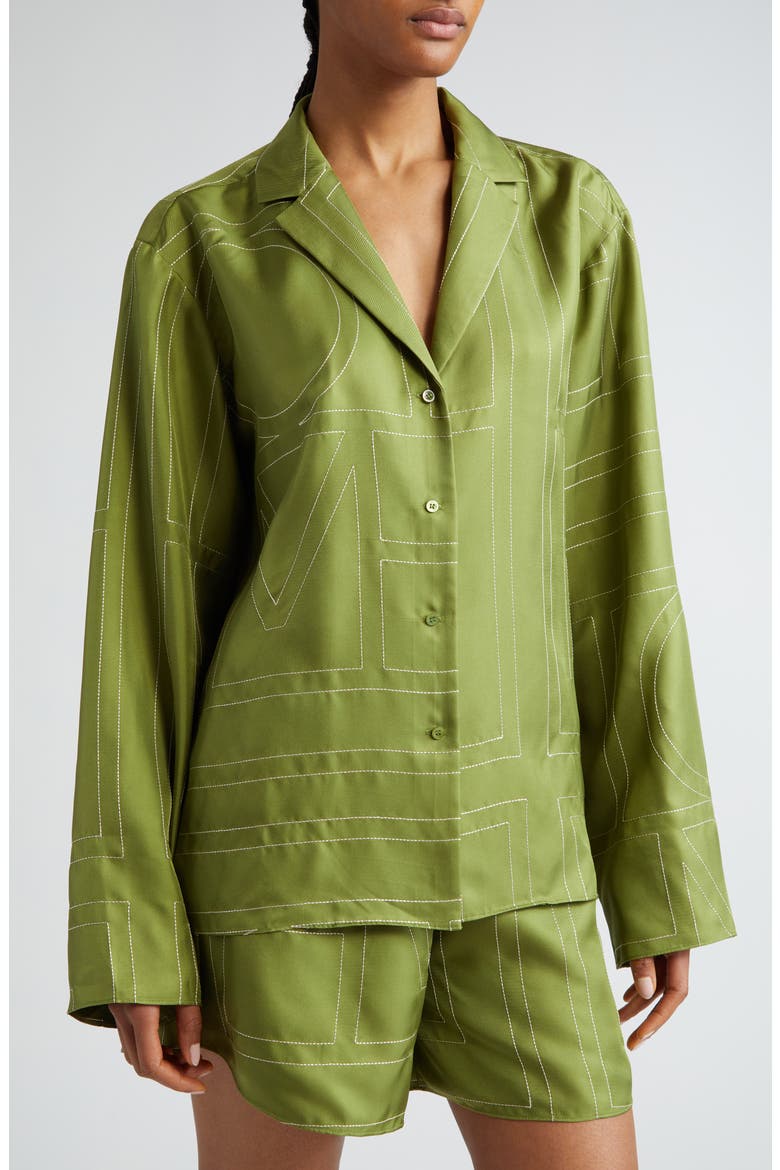 Monogram Embroidered Silk Button-Up Shirt, Alternate, color, LAUREL