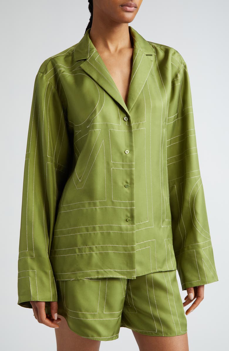 TOTEME Monogram Embroidered Silk Button-Up Shirt, Alternate, color, Laurel