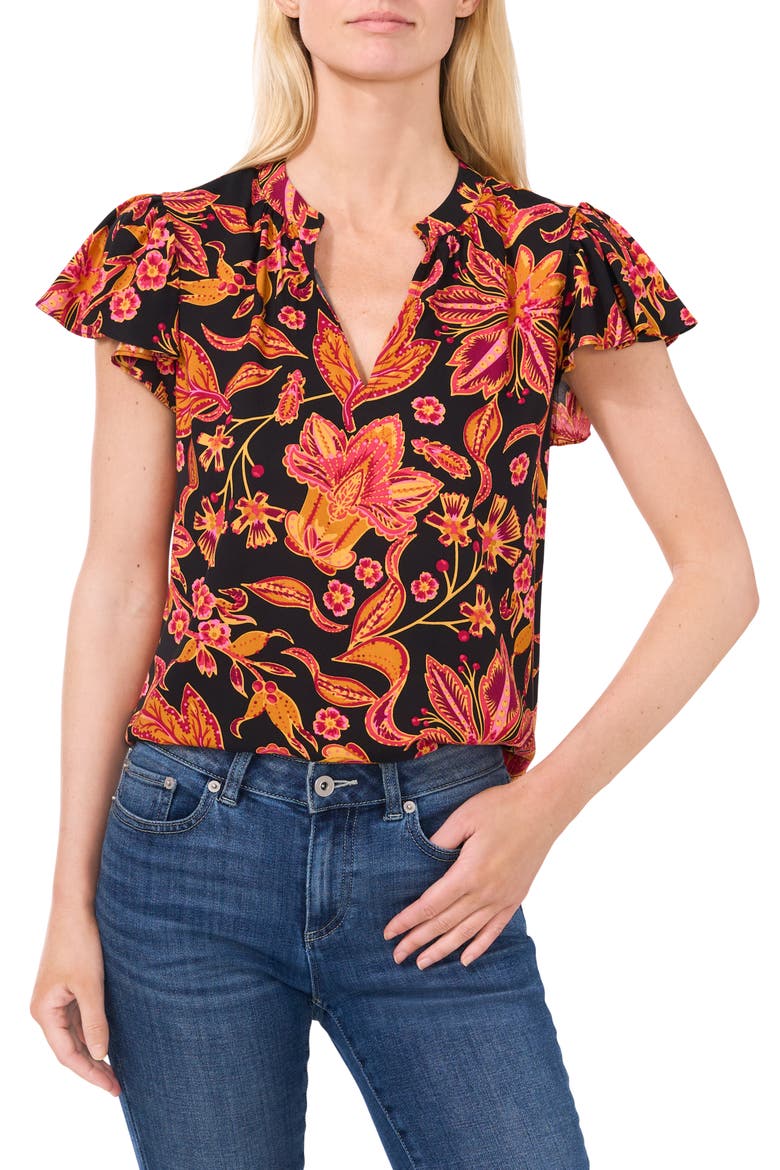 Floral Flutter Sleeve Top, Main, color, RICH BLACK