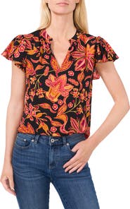 CeCe Floral Flutter Sleeve Top
