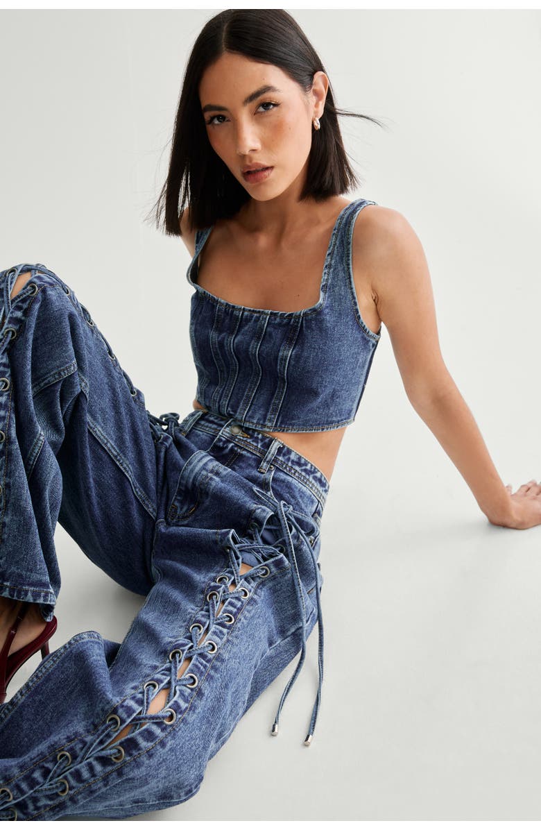 NASTY GAL Lace Front Detail Jean, Alternate, color, Authentic Midwash