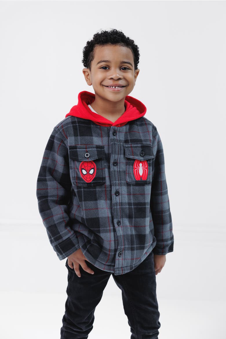 Spider-Man Fleece Hooded Shirt Jacket, Alternate, color, Black Red Spider Man