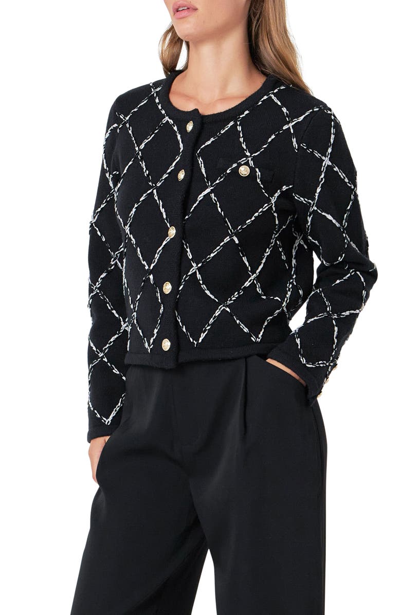 Endless Rose Diamond Pattern Cardigan, Alternate, color, Black