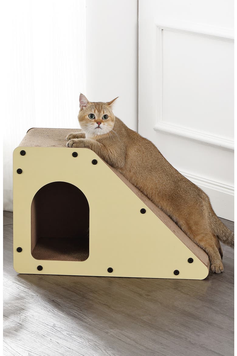 Kento Minimalist Cardboard Angled Cat Cave Scratcher with Catnip, Alternate, color, Almond