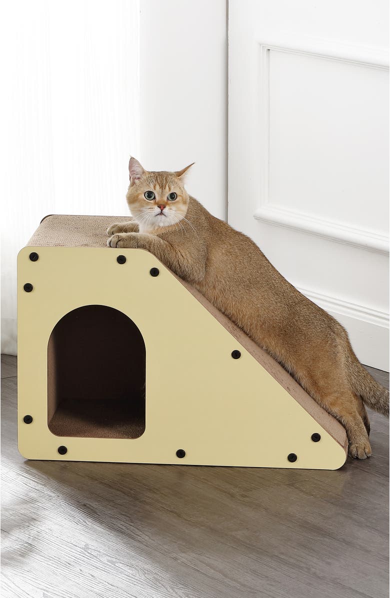 The Licker Store Kento 23.63" Minimalist Cardboard Angled Cat Cave Scratcher with Catnip, Alternate, color, Almond