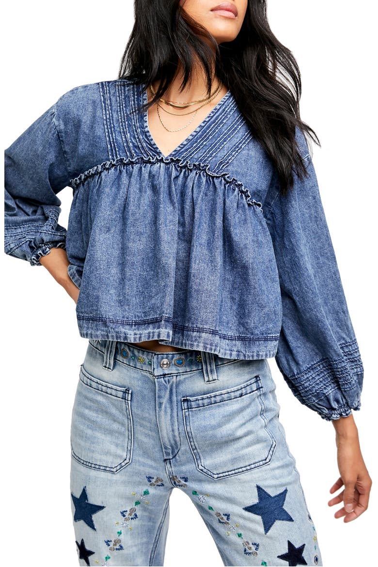 Denim Crop Blouse, Main, color, MEDIUM INDIGO WASH