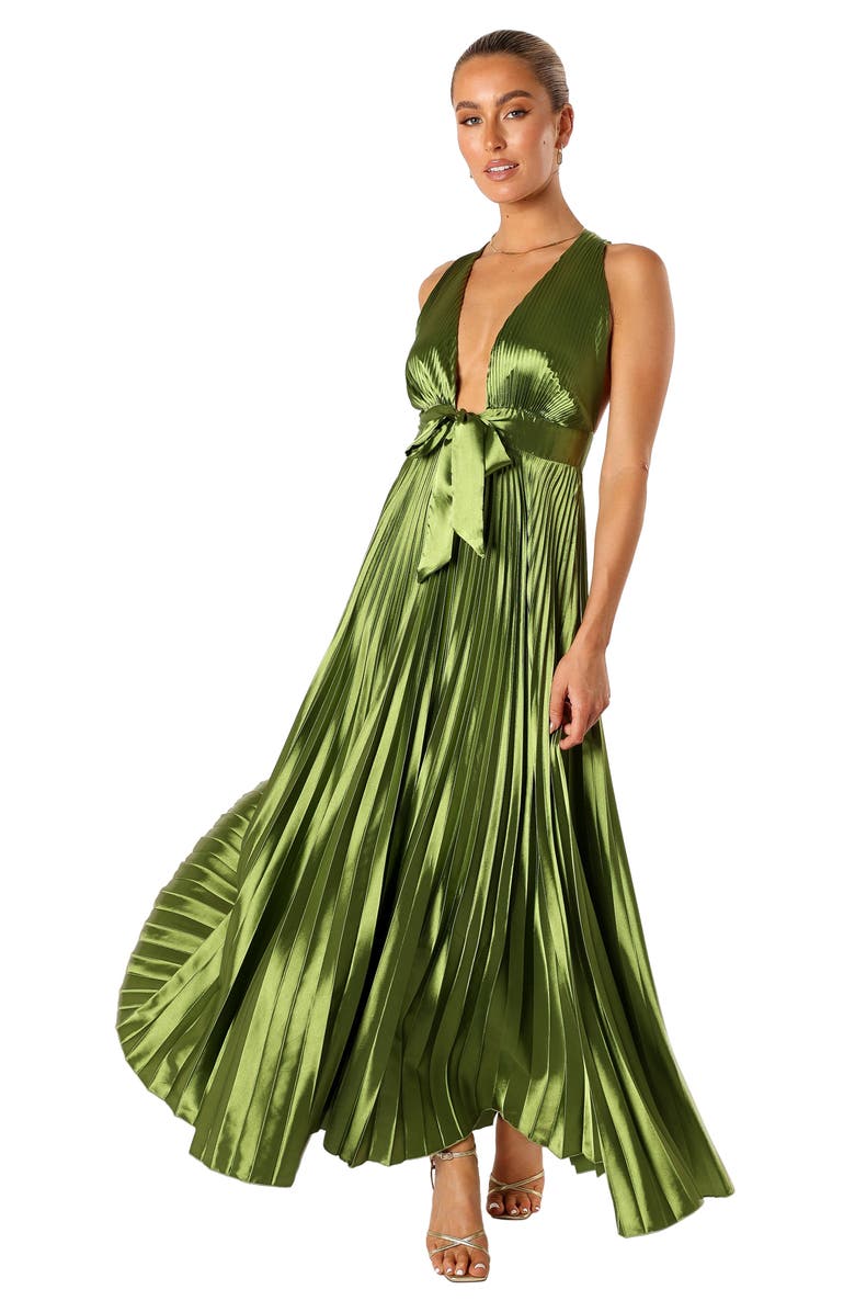 Petal & Pup Kris Plunge Neck Pleated Satin Gown, Alternate, color, Martini Olive