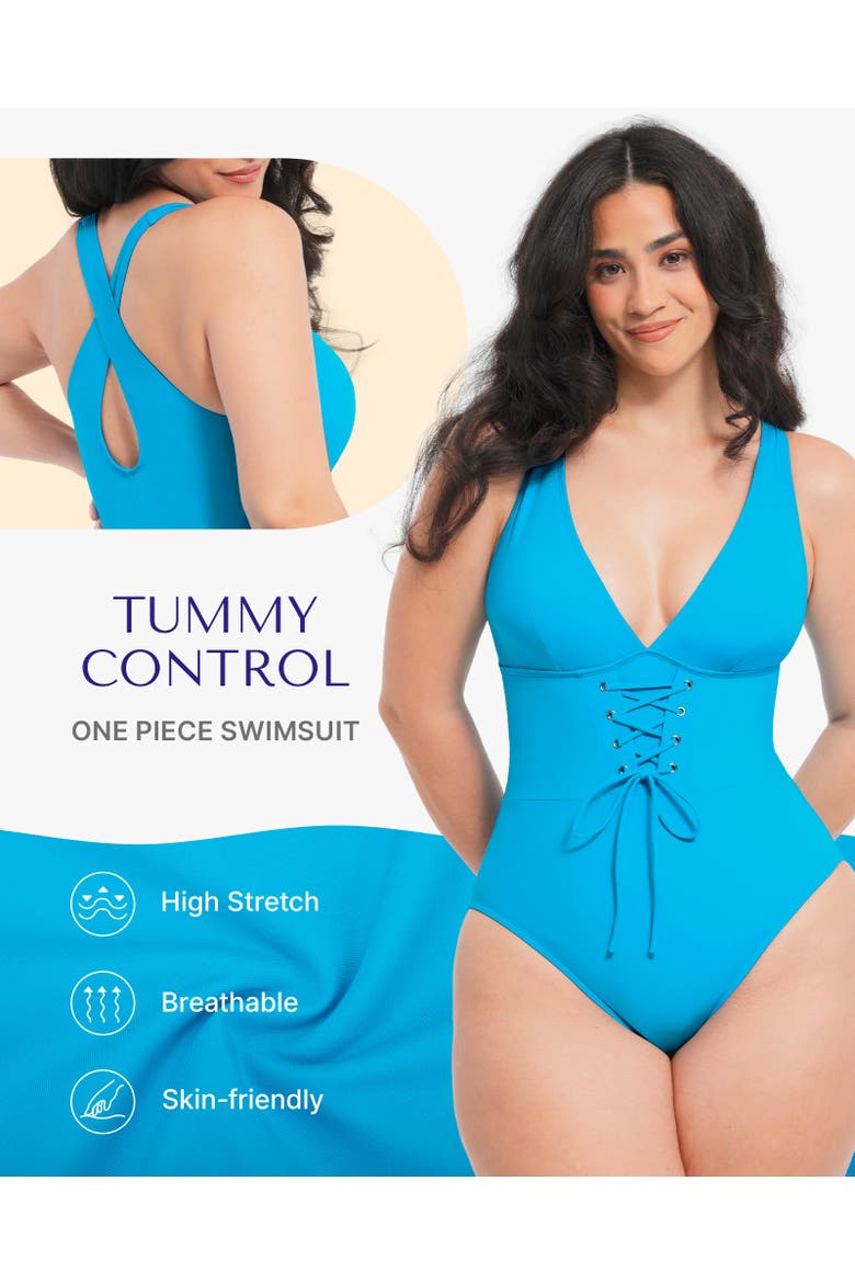 Plunge Lace-Up Tummy Control One-Piece Swimsuit, Alternate, color, Ocean Blue
