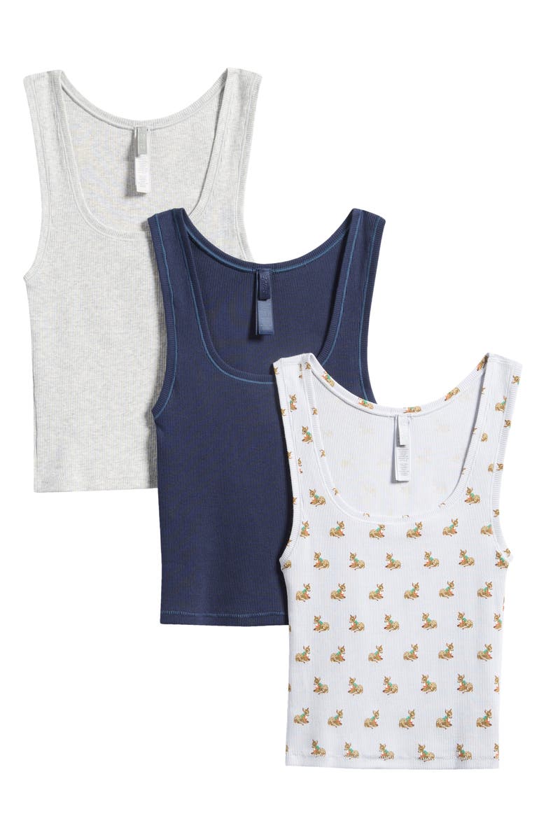 SKIMS Pack of 3 Stretch Cotton Rib Tanks, Alternate, color, Zen Baby Deer Multi