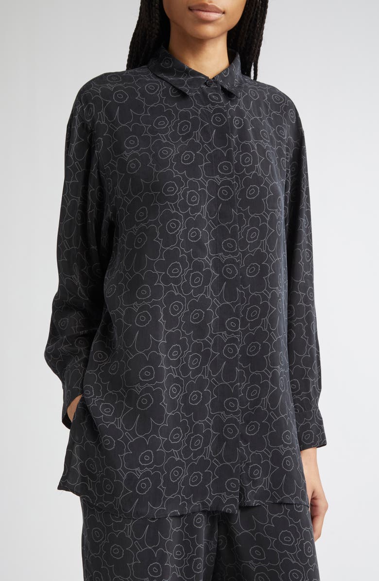 Marimekko Runsas Piirto Unikko Cupro Button-Up Shirt, Alternate, color, Black, Dark Grey