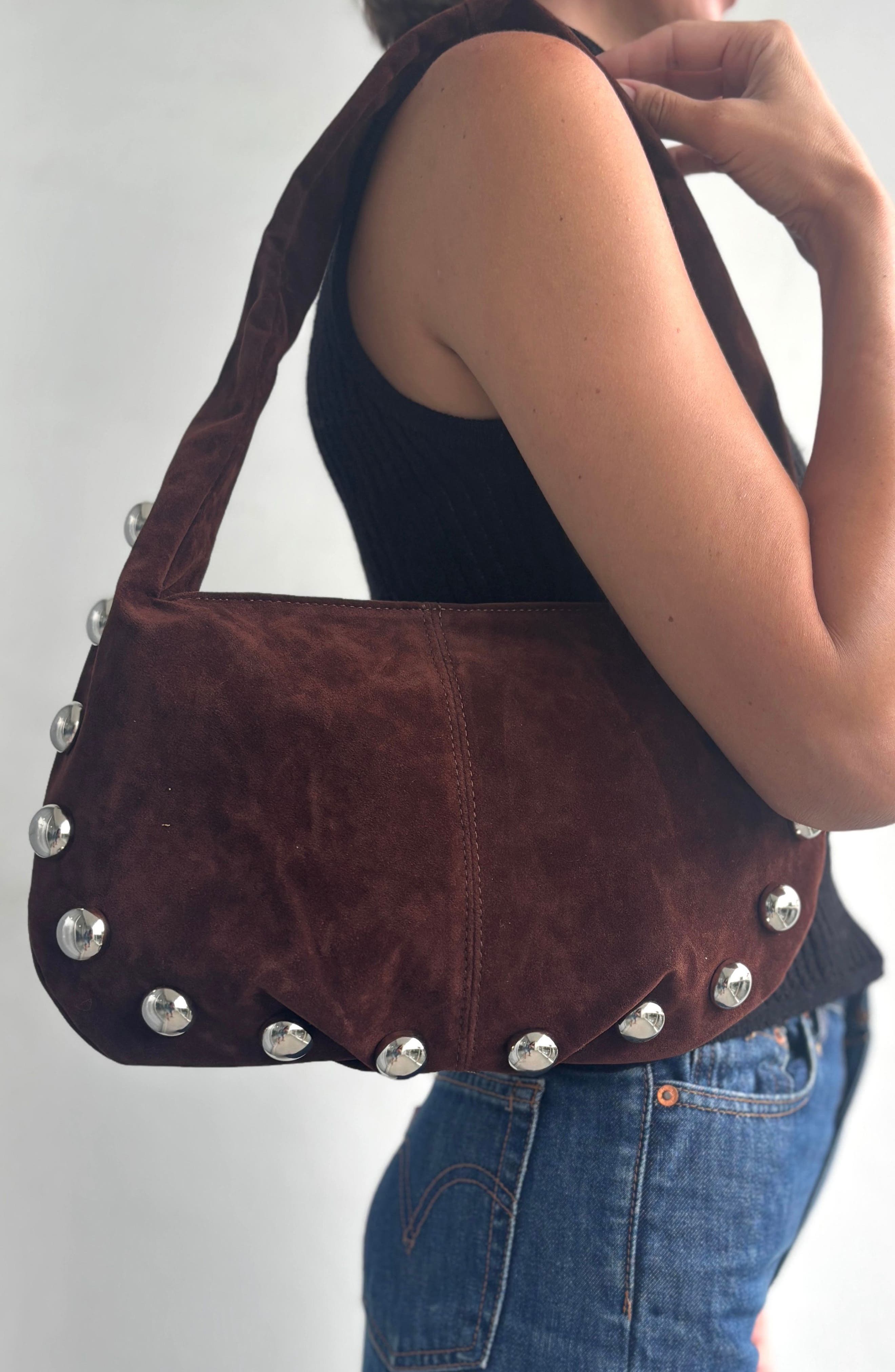 Adornia Studded Crescent Shoulder Bag, Alternate, color, Brown