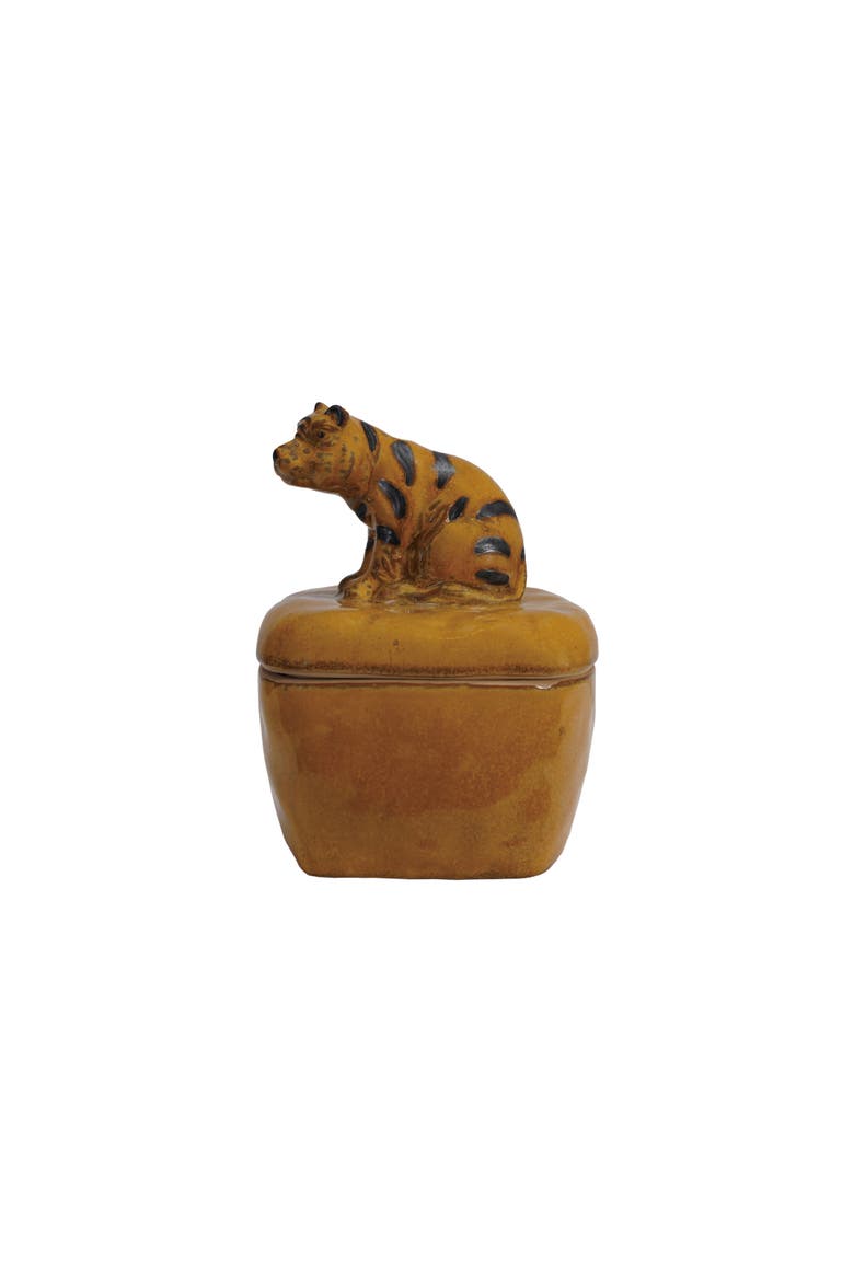 Stoneware Jar with Tiger Handle and Lid with Reactive Glaze, Orange, Main, color, Orange