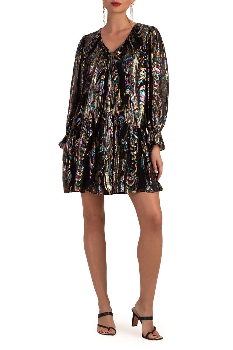 Celestial Long Sleeve Silk Blend Shift Dress, Main, color, BLACK MULTI
