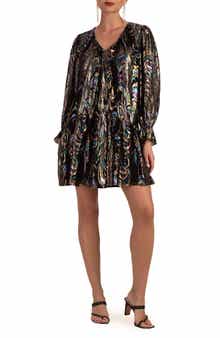 Trina Turk Celestial Long Sleeve Silk Blend Shift Dress