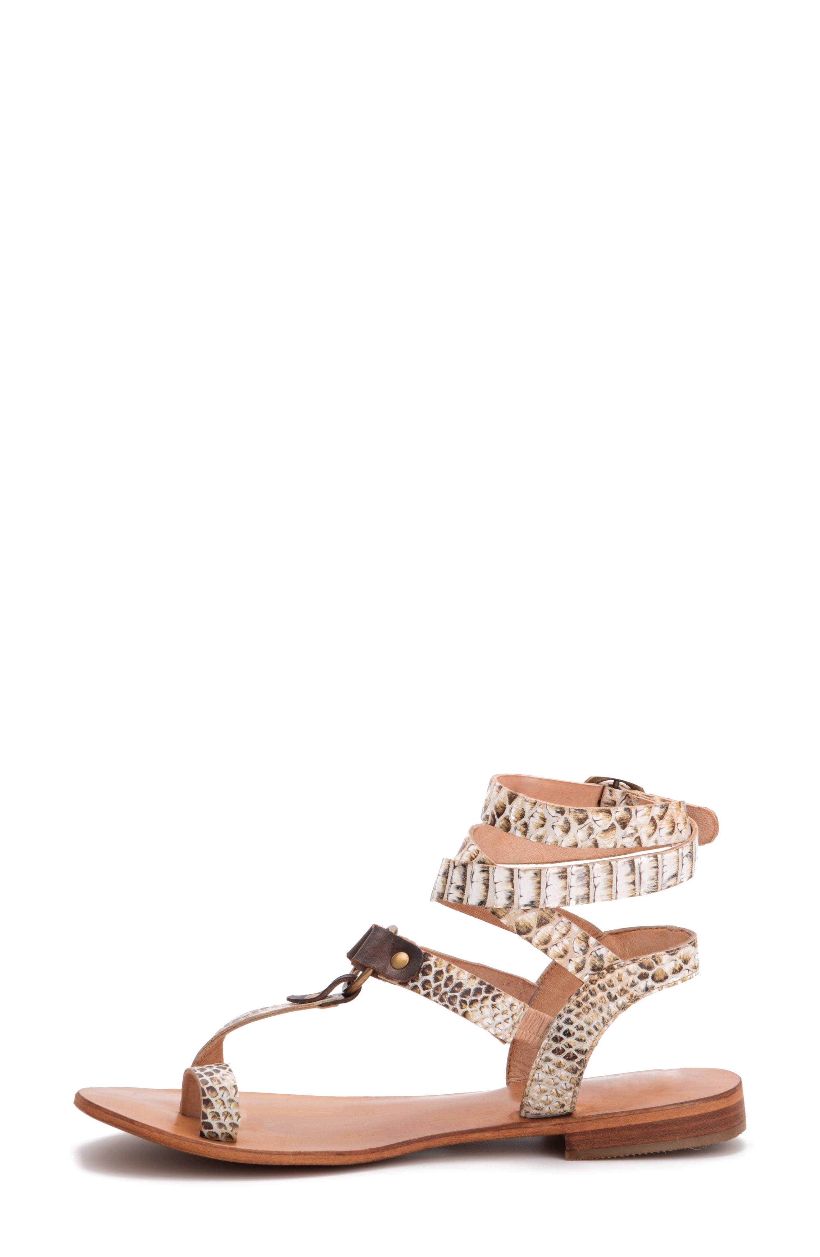 Vina Snake Embossed Leather Ankle Strap Flat Sandal
